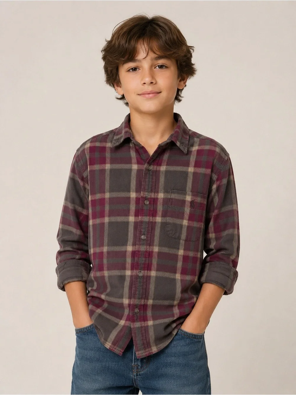 Ralph Lauren Plaid Flannel Button Down Shirt Boys’ M Olive/Burgundy